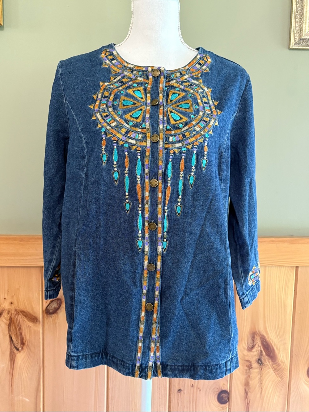 Bob Mackie Blue Denim Button-Front with Multicolor Embroidery size Medium